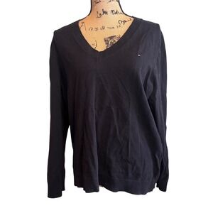 Tommy Hilfiger Women Minimalist Cozy Preppy Casual V-Neck Sweater Black Size XXL